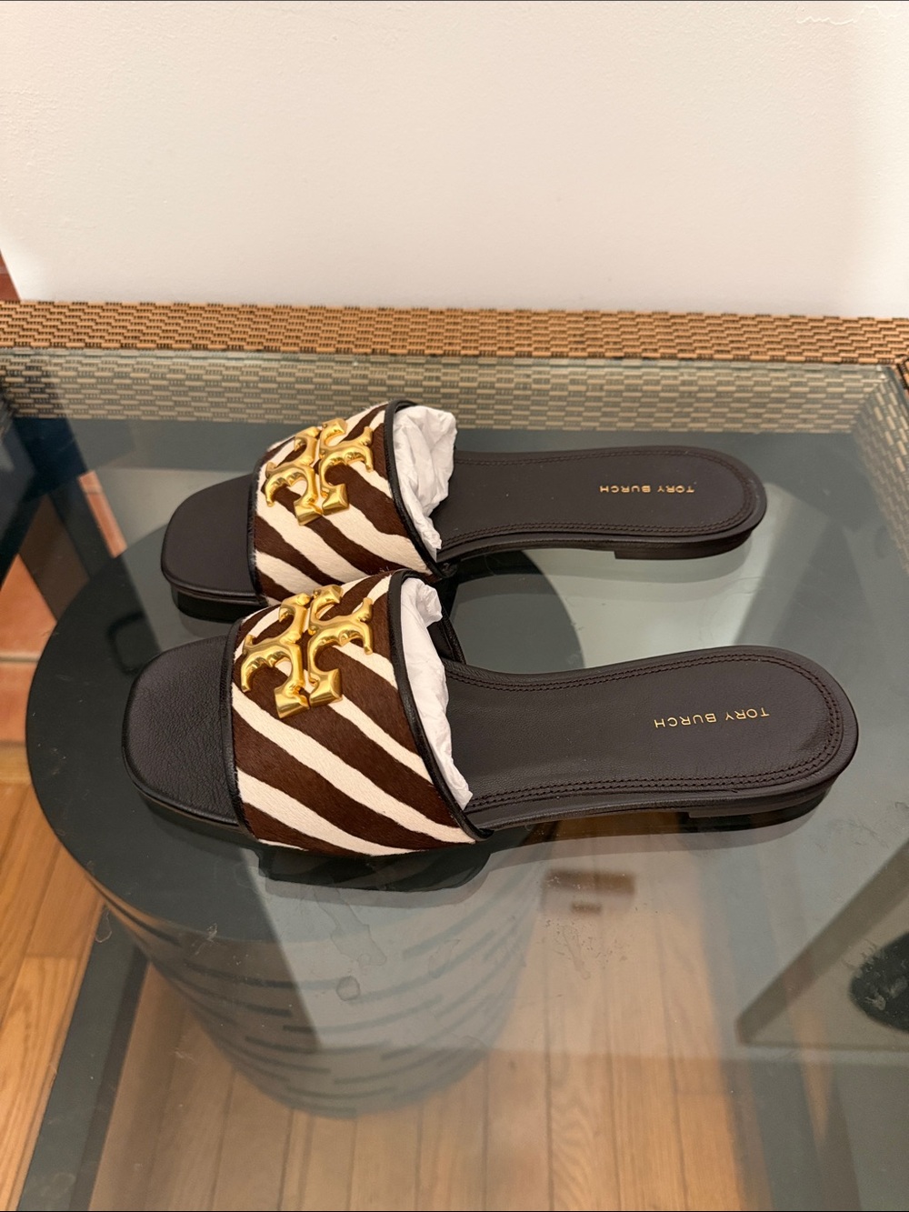 Tory Burch Eleanor Slides Hair Hair Calf - Brown White Zebra-Print Logo leather